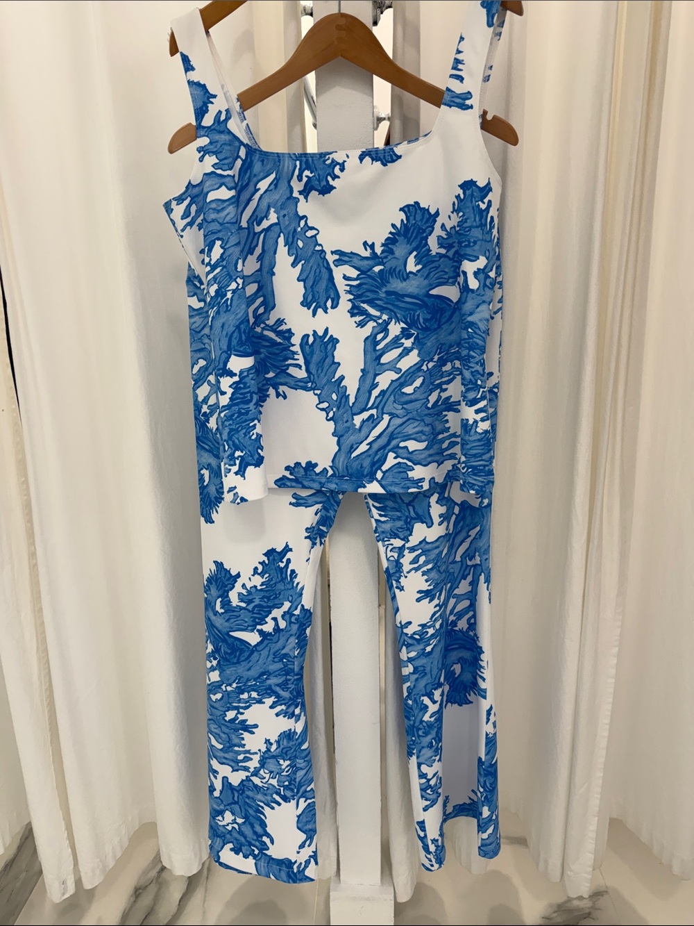 White and Blue Wide-Leg Jumpsuit with Botanical Print